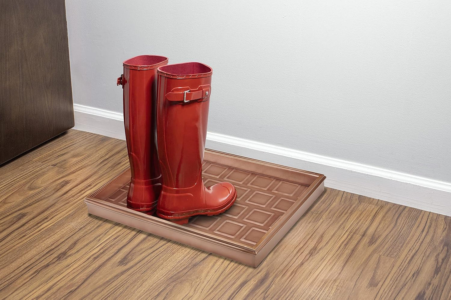 Good Directions 20″ x 14″ Decorative Squares Design Metal Boot Tray – Galvanized Steel with Copper Finish, Multi-Purpose Shoe, Plant & Pet Bowl Tray