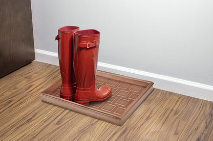 Good Directions 20″ x 14″ Decorative Squares Design Metal Boot Tray – Galvanized Steel with Copper Finish, Multi-Purpose Shoe, Plant & Pet Bowl Tray
