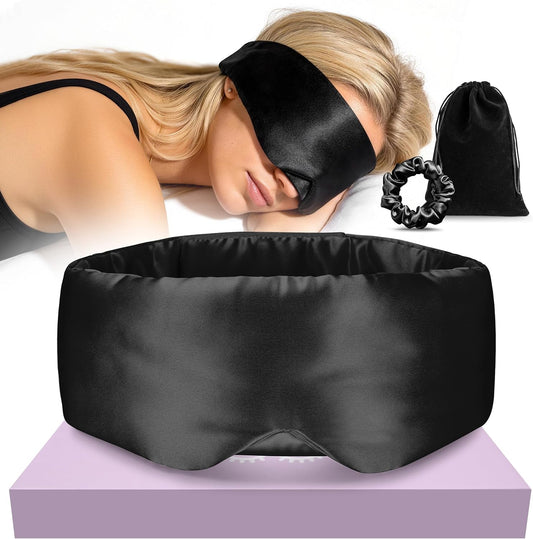 Silk Sleep Mask 22 Momme 100% Mulberry Silk & 3.5cm Silk Hairband Set for Side Sleeper Women Men,Light Blocking Nose Pad, Adjustable Silent Strap,Eye Mask fo Home & Travel Use (Pink)