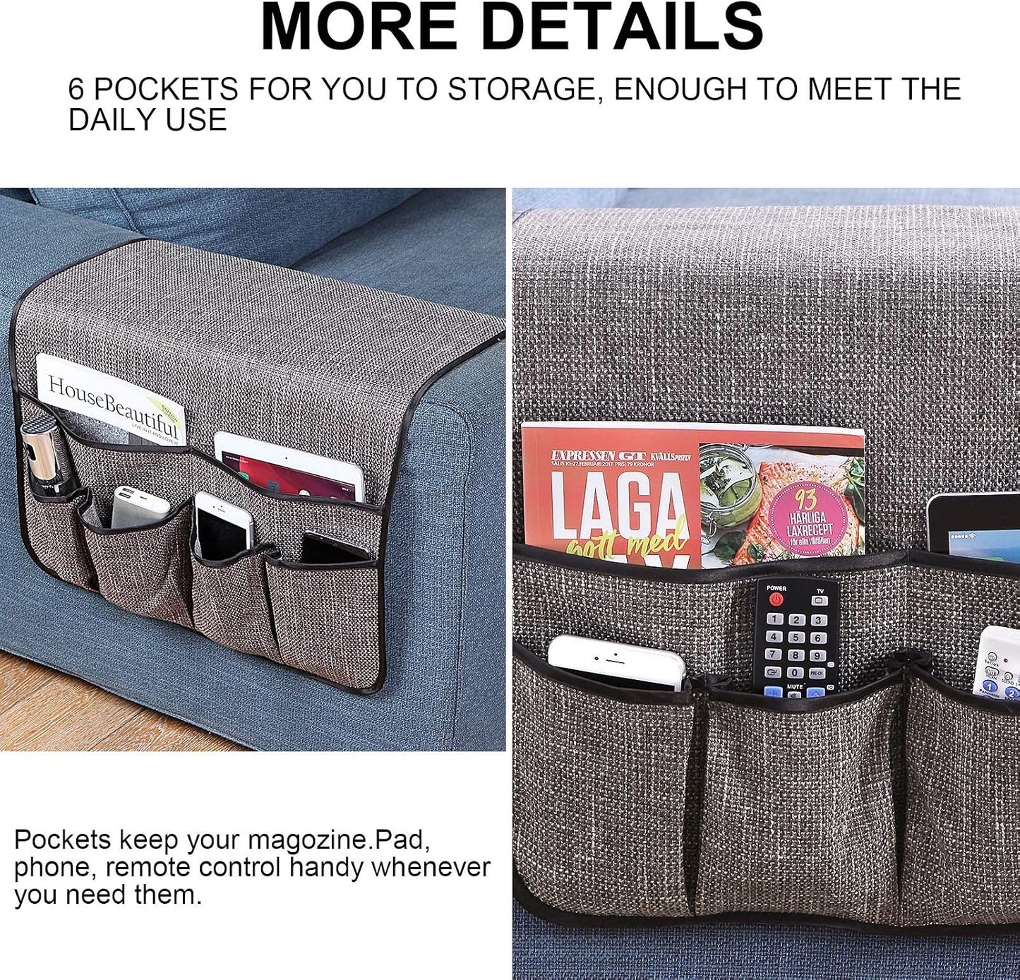 Sofa Armrest Organizer Non-Slip Remote Control Holders for Recliner Couch Chair Armchair Caddy with 5 Pockets for Table,Cell Phone,Ipad,Magazines,Books (Black, 13 x 35 Inch)