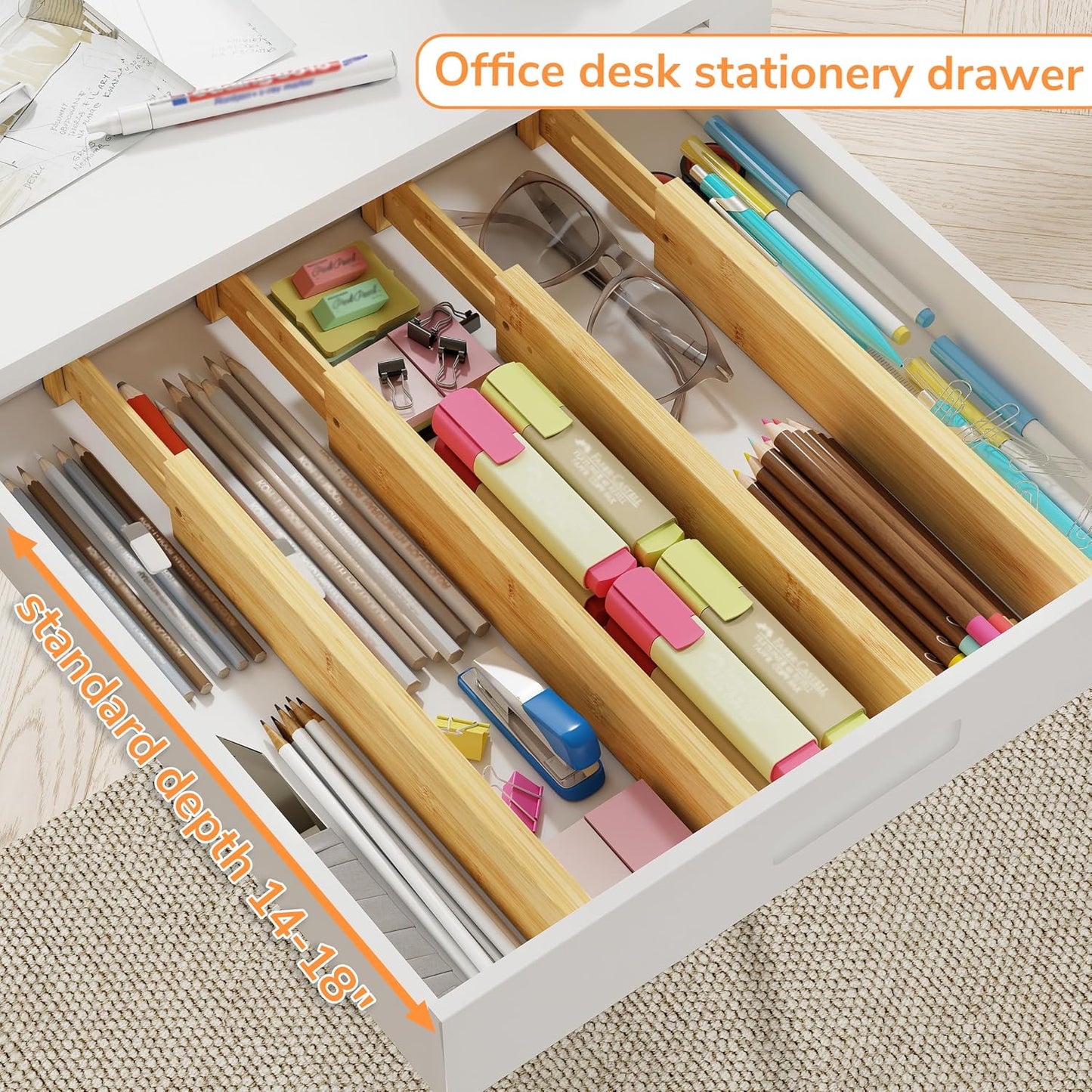 BAMEOS Bamboo Expandable Drawer Dividers – Fits 16.6"–22" Drawers, 2" High, Set of 4 | Spring-Loaded Bamboo Separator for Kitchen Island, Bathroom Vanity & Dresser Drawers