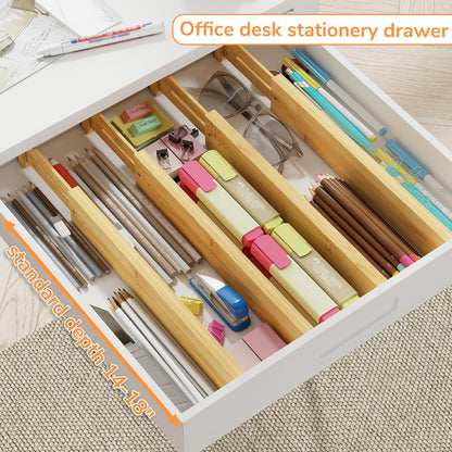 BAMEOS Bamboo Expandable Drawer Dividers – Fits 16.6"–22" Drawers, 2" High, Set of 4 | Spring-Loaded Bamboo Separator for Kitchen Island, Bathroom Vanity & Dresser Drawers