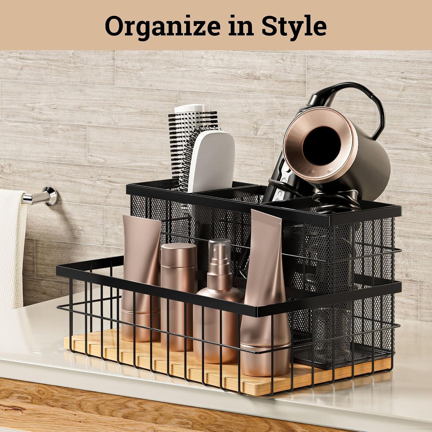 Hair Tool Organizer Countertop, Breathable Metal & Bamboo, Heat-Resistant | No Assembly Required, Removable Baskets, Heat-Resistant Iron, Bamboo Base, Spacious & Breathable Hot Tools Organizer Vanity
