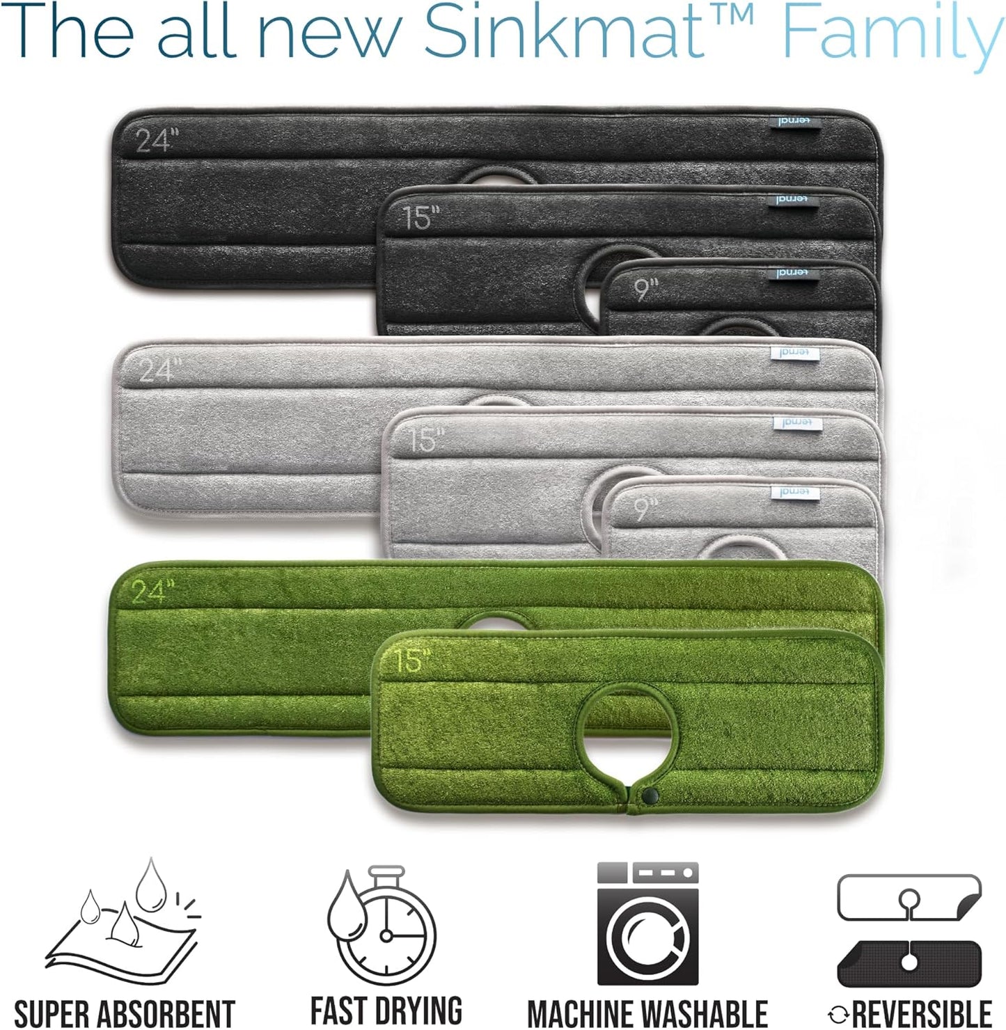 Ternal Original SINKMAT 15in Faucet Splash Guard Extra Long Microfiber Sink Drip Catcher Mat Non Slip Countertop Protector Drying Pad Kitchen Bathroom RV Machine Washable [Moss Green]