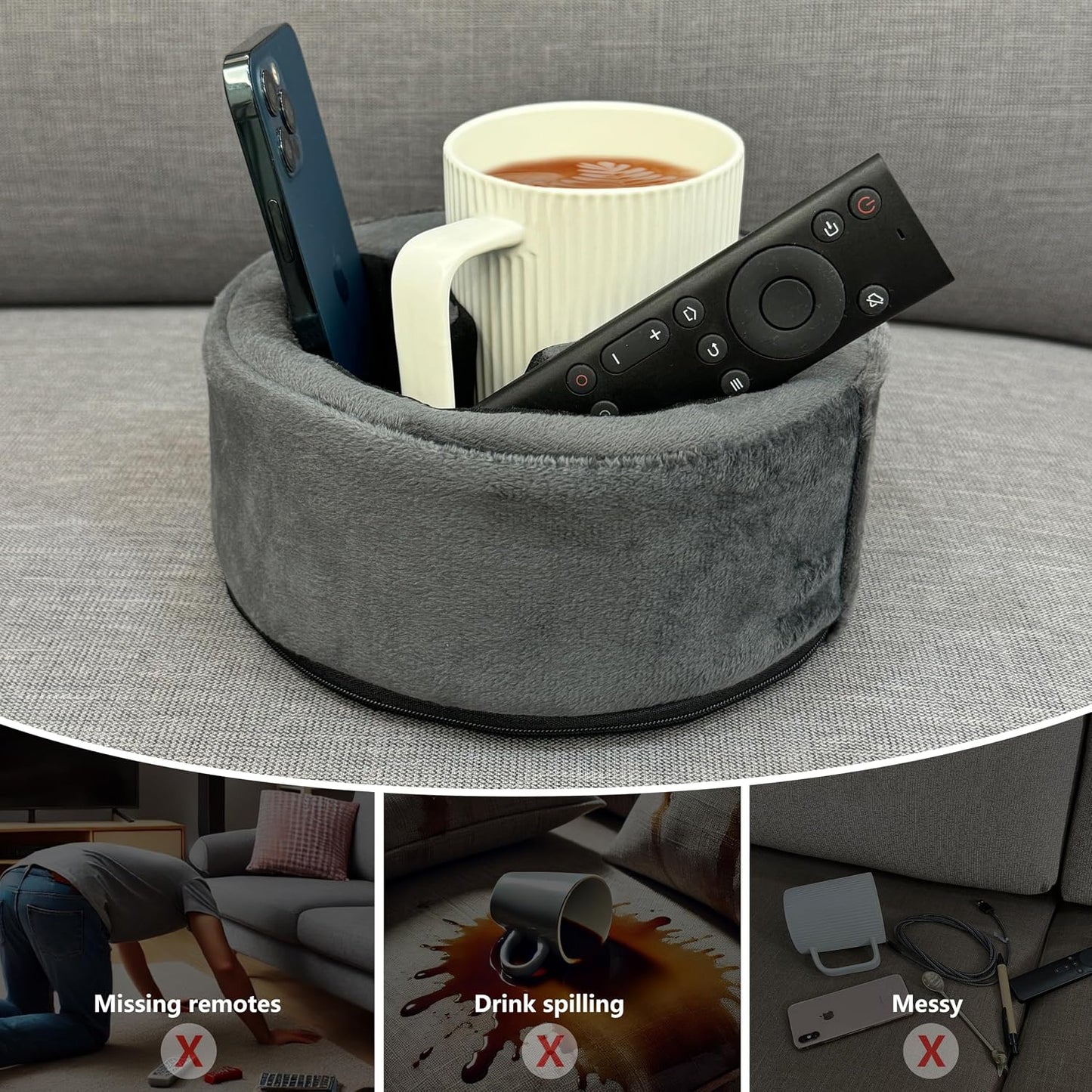 Xchouxer Couch Cup Holder Pillow, Sofa and Bed Organizer Caddy for Drinks, Remotes, Phones (Gray)