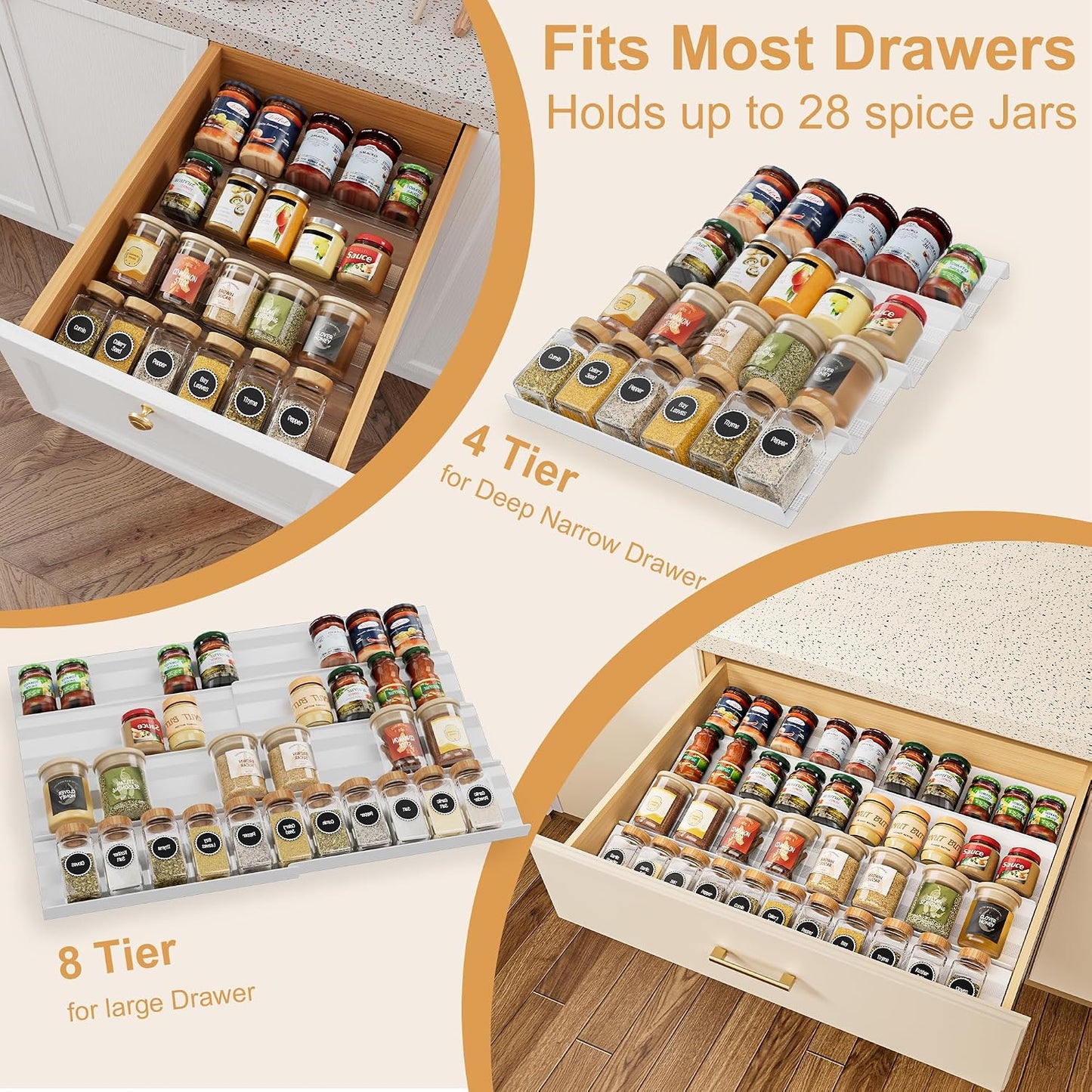 8-Pack Spice Drawer Organizer, Expandable Acrylic Seasoning Rack (13" to 26") with Anti-Slip Mat, Kitchen Spice Rack Holds up to 56 Jars (Jars Not Included)