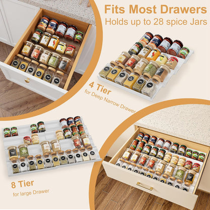 8-Pack Spice Drawer Organizer, Expandable Acrylic Seasoning Rack (13" to 26") with Anti-Slip Mat, Kitchen Spice Rack Holds up to 56 Jars (Jars Not Included)
