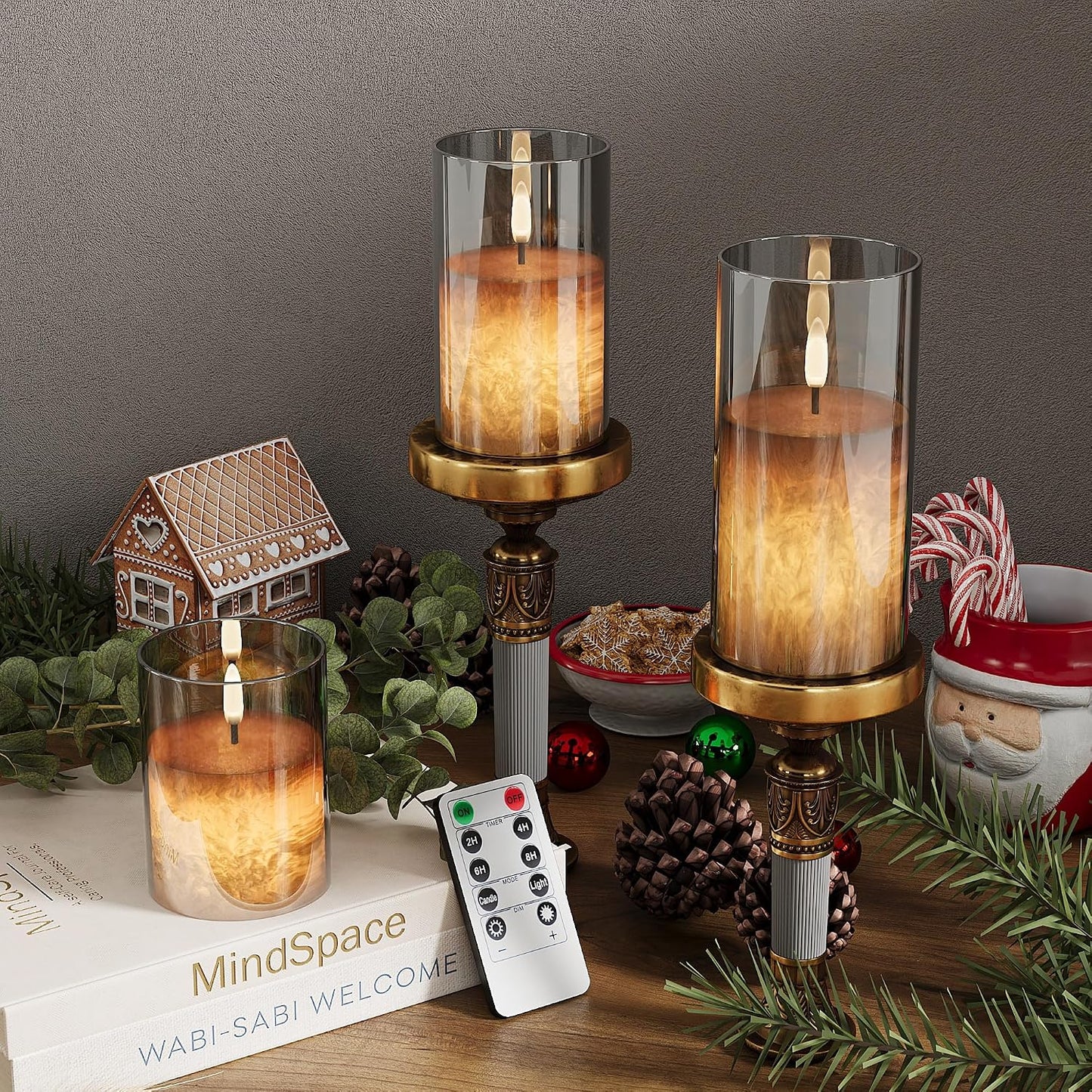 Battery Operated Flameless Candles with Remote & Timer, Gold Glass 3Pack | Real Wax Crystal Texture, D3×H4/5/6", 2/4/6/8H Timer, Dimming, Flickering Realistic LED Candles for Wedding Table Decor