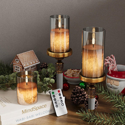 Battery Operated Flameless Candles with Remote & Timer, Gold Glass 3Pack | Real Wax Crystal Texture, D3×H4/5/6", 2/4/6/8H Timer, Dimming, Flickering Realistic LED Candles for Wedding Table Decor