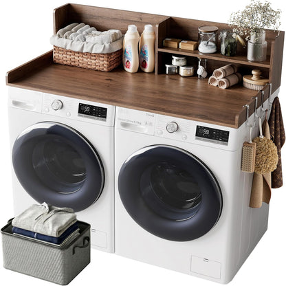 2-Tier Washer Dryer Countertop with Shelves & Metal Hooks, 27" W x 27.5" D Large Laundry Topper for Room Organization & Folding Clothes & Storage(Oak)