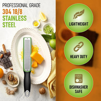 Spring Chef Stainless Steel Lemon Zester - Garlic & Ginger Grater - Gray | Premium Zester with Blade Cover, Cheese Grater with Handle for Parmesan, Nutmeg, Lime - Durable Citrus Zester, Fine Shred