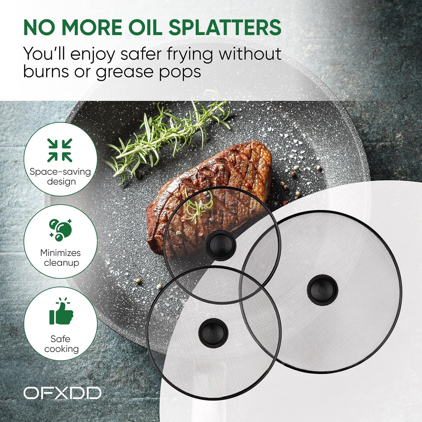 Stainless Steel Splatter Screen with Lid for Cooking - Set of 3: 8,2", 10", 11,4" - Splatter Grease Guard for Kitchen Stove - Anti Oil Splash Frying Shield