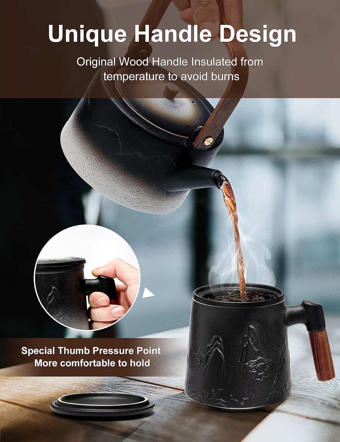 suyika Tea Cup with Infuser and Lid, Gradient Black & Blue, 15.2oz /450ml