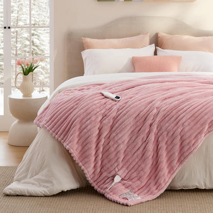 Bedsure Heated Blanket Electric Throw - Thick Striped Fast Heating Electric Blanket with Preheat Function, 6 Heat & 6 Timer (Up to 10H), 8H Auto Off, ETL Certified, Gifts for Women (50"x60", White)