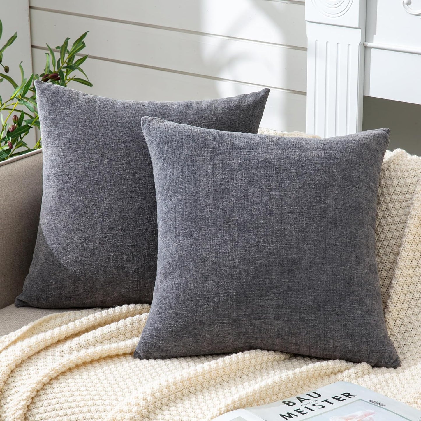 GAWAMAY Lumbar Support Pillow Decorative Rectangle Throw Pillow Covers 12"x20" Inch Set of 2, Soft Chenille Fall Pillowcase for Living Room Bedroom Sofa Couch Cushion Cover Grey 30x50cm (No Insert)
