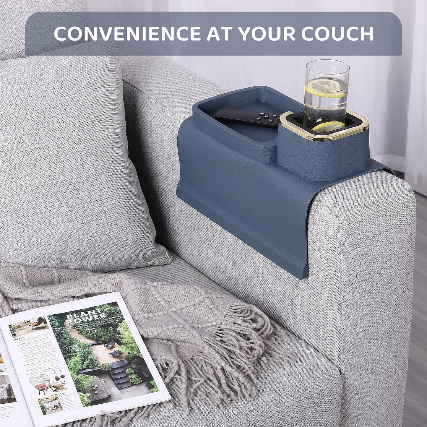 HMASYO Couch Cup Holder Tray – Weighted Silicone Sofa Armrest Organizer Table with Anti-Spill Coaster, Easy Reach for Drink, Snacks, Remote & Phone, Non-Slip Base, Easy Clean