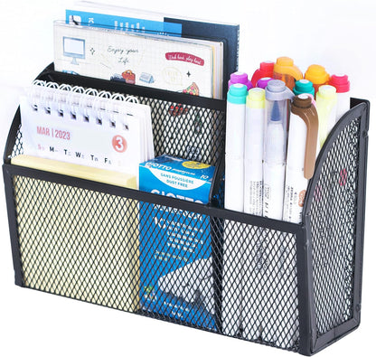 3-Grid Magnetic Pencil Holder, Strong Magnet Locker Organizer, Black | Mesh Magnetic Shelf, Marker Holder Perfect for Whiteboard, Refrigerator and Locker Accessories