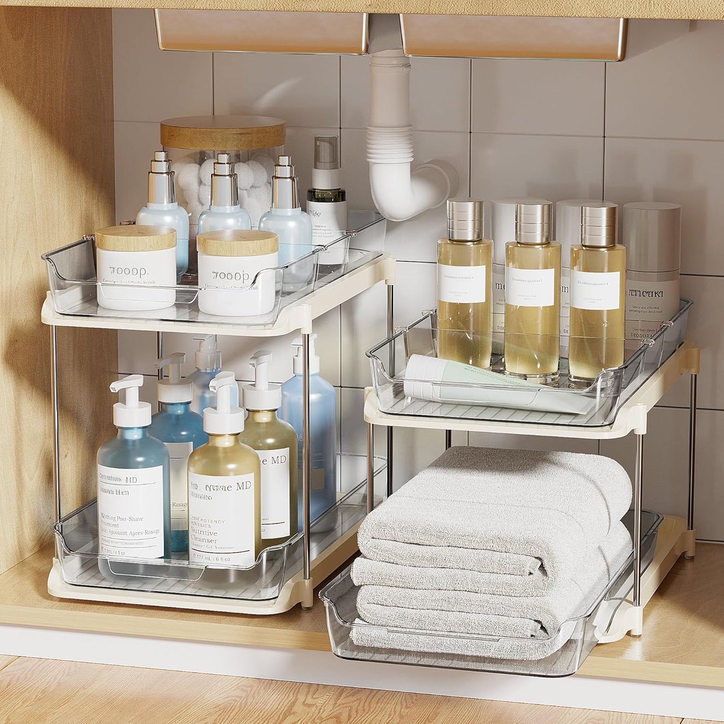 Delamu 2-Tier Multi-Purpose Bathroom Under Sink Organizers and Storage, Stackable Kitchen Pantry Organization, Pull Out Medicine Cabinet Organizer with Movable Dividers, White, 2 Pack