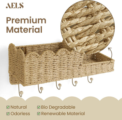 Scalloped Woven Wall Mount Key Holder with 5 Hooks, Decorative Paperstraw Mail Organizer for Entryway, Wave Design Ratten Key Rack, Entryway Organizer, Living Room & Hallway Decor, Natural