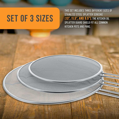 U.S. Kitchen Supply Stainless Steel Splatter Guard 13" Fine Mesh Cover, Grease & Oil, Splatter Screen for Frying Pan, Cooking Pots, with Resting Feet