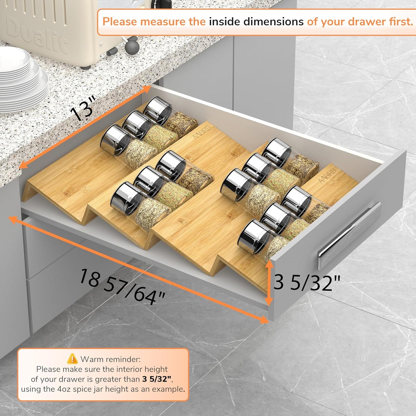 AMBIRD Bamboo Spice Drawer Organizer with Non-slip Mat,4 Tier - 2 Set Jar Spice Rack Tray From 9.5''to 19'', Seasoning Organizer for Kitchen,Cabinet,Drawers,Countertop