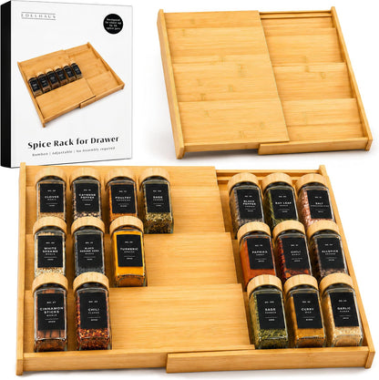 Bamboo Spice Drawer Organizer - Expandable 4 Tier Spice Rack (Need 3" Deep Drawer) 12" to 24" Wide, Seasoning Organizer, Organization Seasoning Rack insert (Jars Not Included)