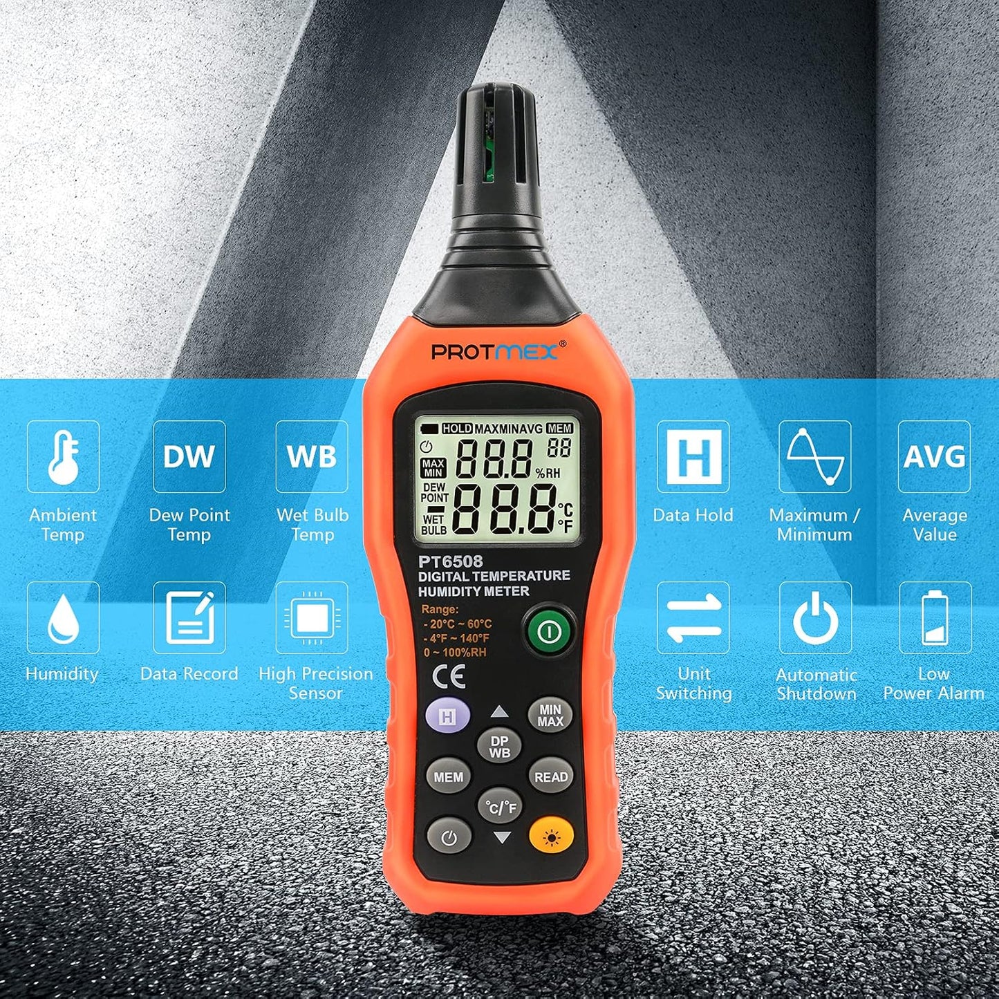 PT6508 Temperature Humidity Meter - Wet Bulb for Indoor/Outdoor | Digital Thermometer Hygrometer Monitor with Ambient, Dew Point, MIN, MAX, Data Hold, LCD Backlight