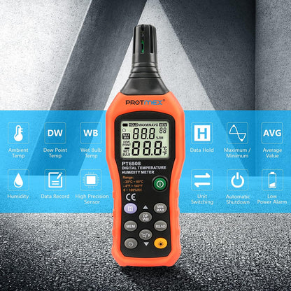 PT6508 Temperature Humidity Meter - Wet Bulb for Indoor/Outdoor | Digital Thermometer Hygrometer Monitor with Ambient, Dew Point, MIN, MAX, Data Hold, LCD Backlight