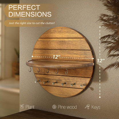 Rebee Vision Pine Wood Round Key Holder Wall Mount for Home Decor, Brown | Round Corner, Key Hooks for Dog leashes & Sunglasses, Display Shelf for Plant & Letters, Mail Organizer, Home Essentials
