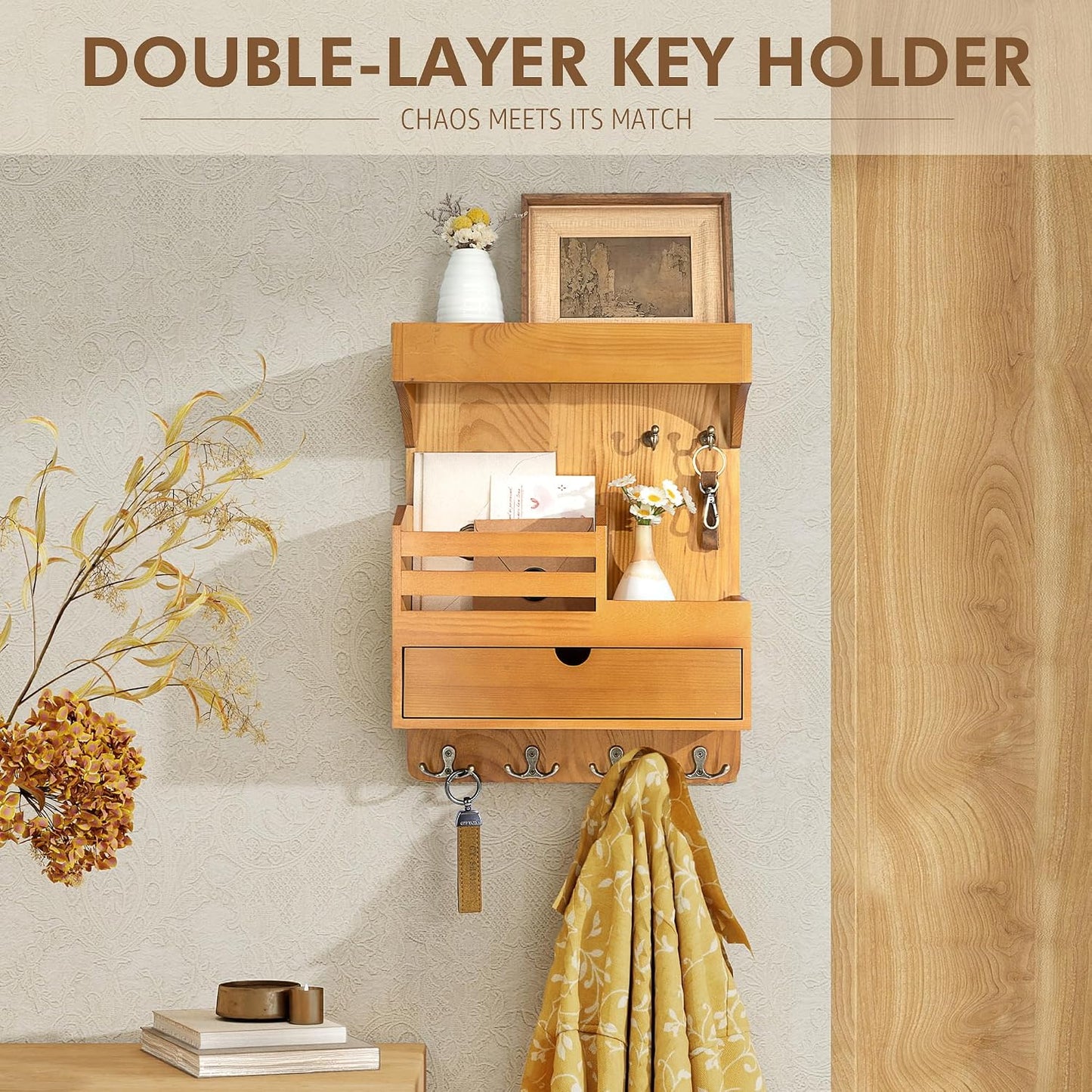 Rebee Vision Key Holder Wall Mount with Drawer Organizer for Entryway,Brown | Pine Wood, 6 Key Hooks, Display Shelf for Plants, Mail Slot for Storage Letter, Multi-Funtional Design, Home Storage