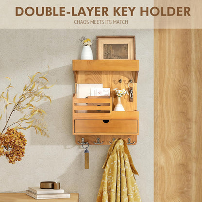 Rebee Vision Key Holder Wall Mount with Drawer Organizer for Entryway,Brown | Pine Wood, 6 Key Hooks, Display Shelf for Plants, Mail Slot for Storage Letter, Multi-Funtional Design, Home Storage