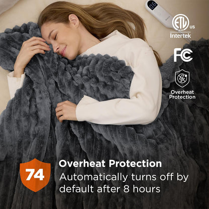 Bedsure Heated Blanket Electric Throw - Thick Striped Fast Heating Electric Blanket with Preheat Function, 6 Heat & 6 Timer (Up to 10H), 8H Auto Off, ETL Certified, Gifts for Women (50"x60", White)