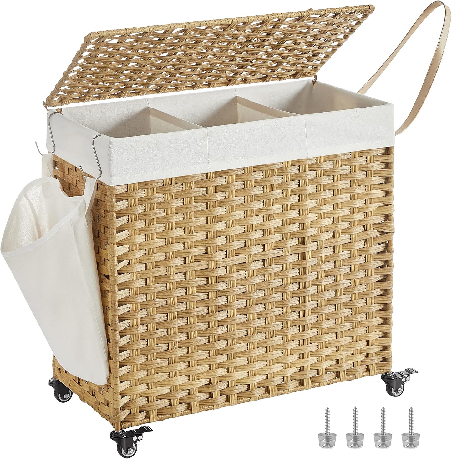 SONGMICS Laundry Hamper with Lid, 42.3 Gallons (160 L), Rolling Laundry Basket with Wheels, 3-Section Synthetic Rattan, Removable Liner, Bedroom, 29.9 x 13 x 26 Inches, Natural ULCB365N01
