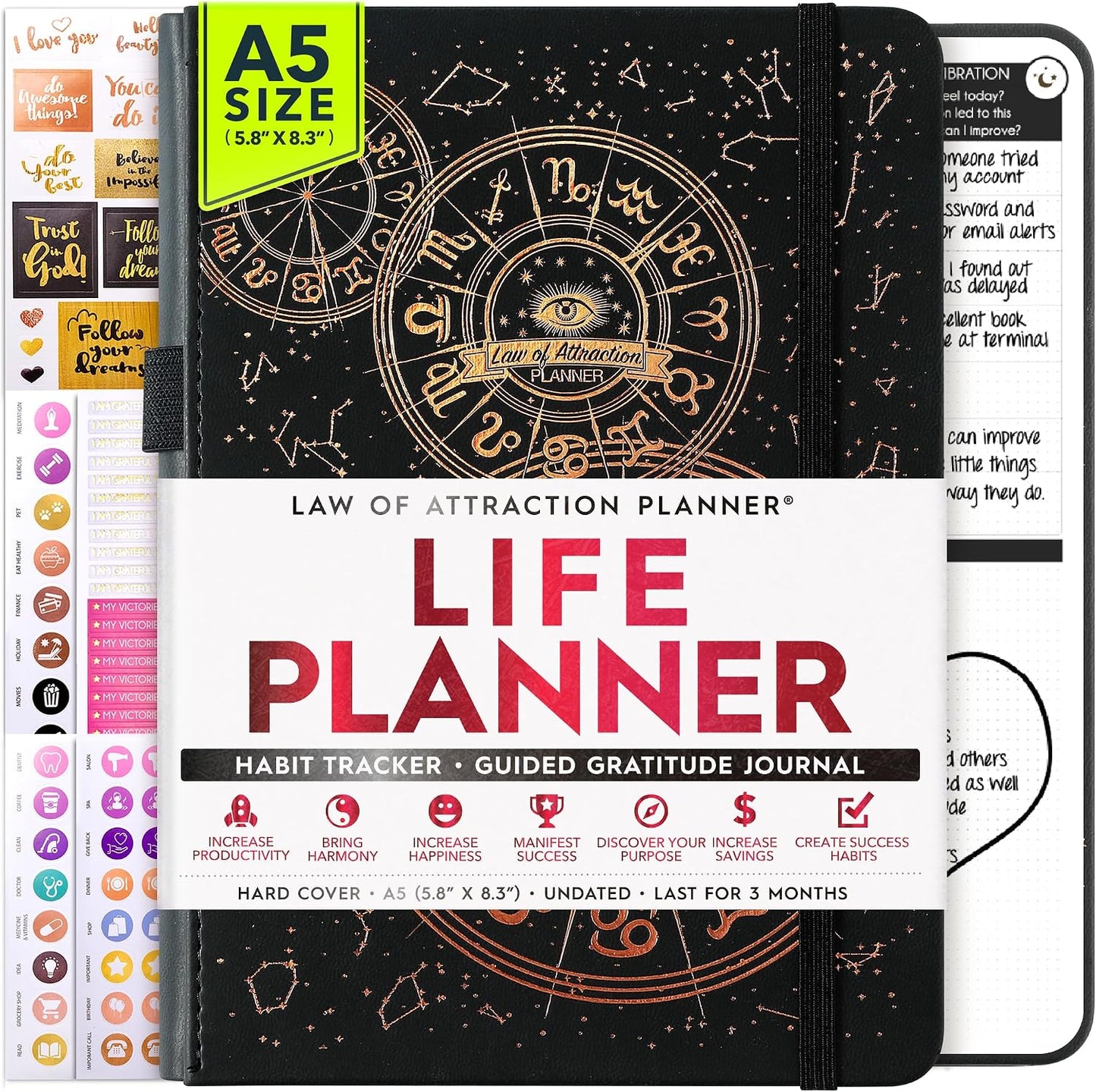 Freedom Mastery Daily Journal of Gratitude, Productivity & Habit Tracker | Undated 90-Day Planner with Daily Reflection, Mindfulness, Positivity, Vision Board & Stickers, Gratitude Journal for Women