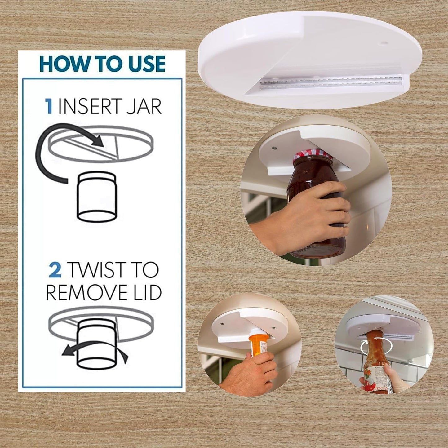 1 Pack Easy Grip Jar Opener for Seniors - Under Cabinet Jar Openers for Weak Hands, Arthritis jar opener, One Handed Gadgets & Bottle Opener - All In One Lid Remover
