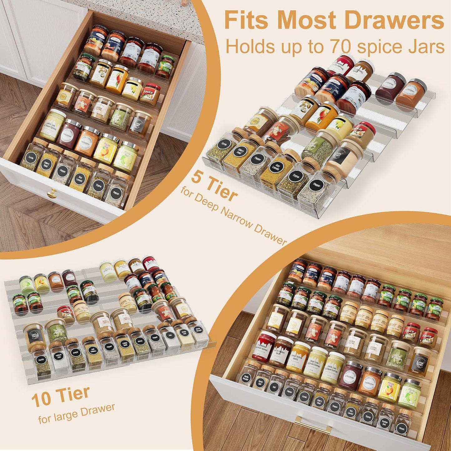 8-Pack Spice Drawer Organizer, Expandable Acrylic Seasoning Rack (13" to 26") with Anti-Slip Mat, Kitchen Spice Rack Holds up to 56 Jars (Jars Not Included)