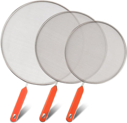 Roe & Moe Splatter Screens - Stainless Steel Splatter Screens for Frying Pan with Insulated Handles - Grease Splatter Guards For Frying Pan that Lets You Create Masterpieces with Ease (Pack of 3)