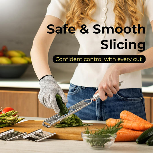 Gramercy Handheld Mandoline Slicer for Kitchen, Stainless Steel, 4 Blades | Slicer, Julienne & Grater for Vegetables and Fruits; Cut Resistant Safety Glove & Cleaning Brush Included; Dishwasher Safe