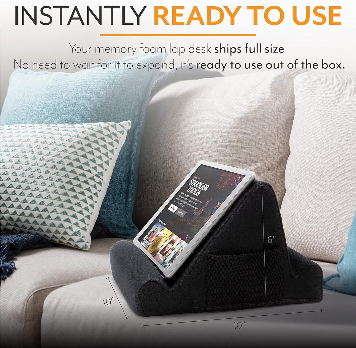 Brookstone Tablet Lap Cushion - Tablet/Phone/Ebook Holder for Bed, Flights, and Travel, Memory Foam Lap Desk for Reading and Hands Free Viewing, Compatible iPad and Kindle Accessories, Grey