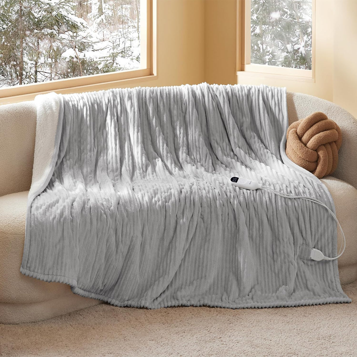 Bedsure GentleSoft Heated Blanket Throw - Soft Ribbed Flannel Electric Blanket, Gifts for Grandma (50x60 inches, Grey)