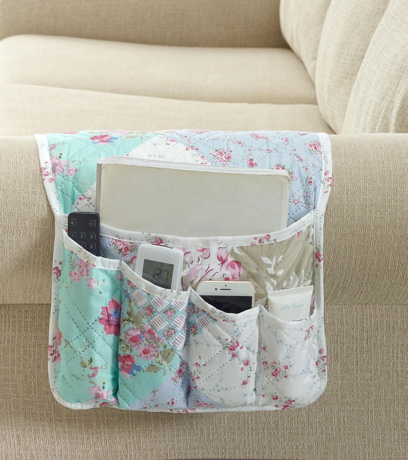 Brilliant Sunshine Burgundy Toile Floral Couch Armrest Cover, 35"×13" | Washable Magazine Holder, Armrest Organizer & Caddy on Sofa, Recliner, Armchair, Storage for Remote Controls, Phone, iPad