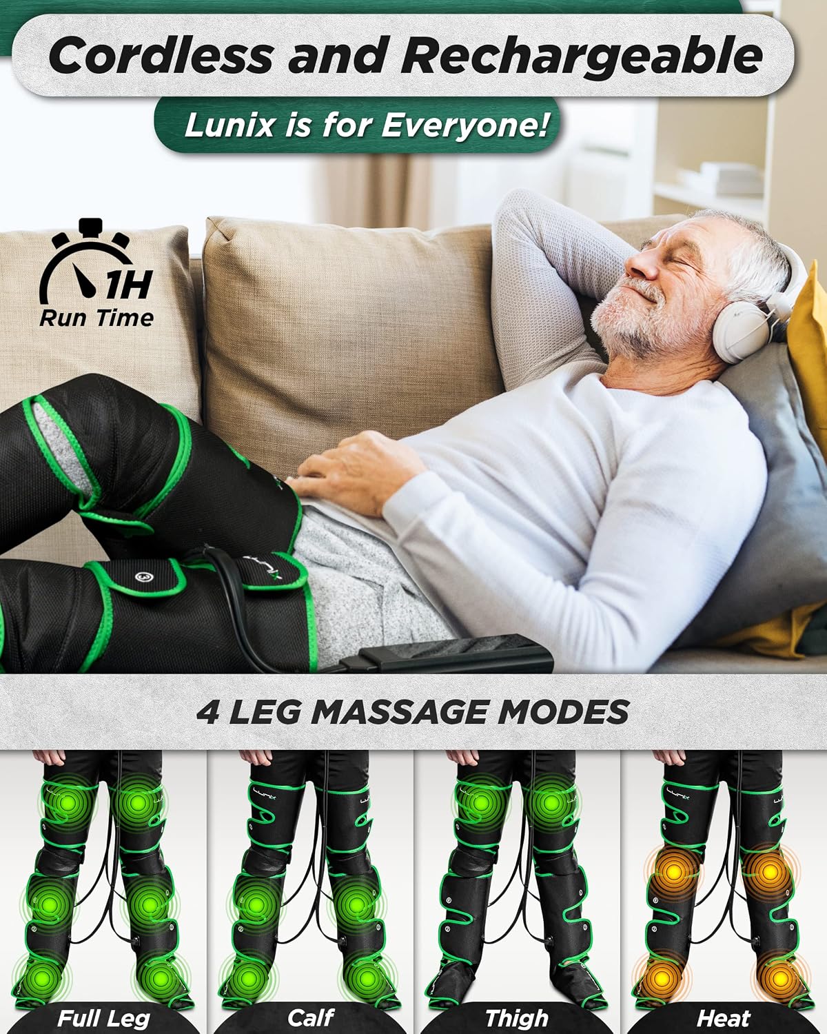 Lunix LX10 Full Leg Massager with Heat & Cold Therapy – Cordless Compression Boots for Circulation, Pain Relief & Recovery – Adjustable Fit with Extra Straps, Touchscreen Remote, Travel Bag