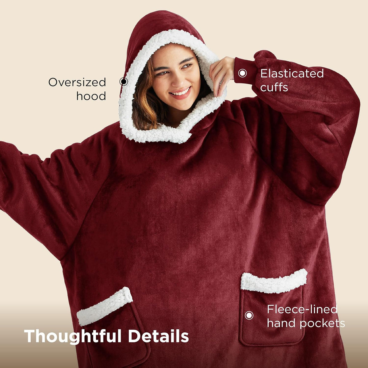 Bedsure Wearable Blanket Sherpa Hoodie Gifts, Sweatshirt, Grey, Standard