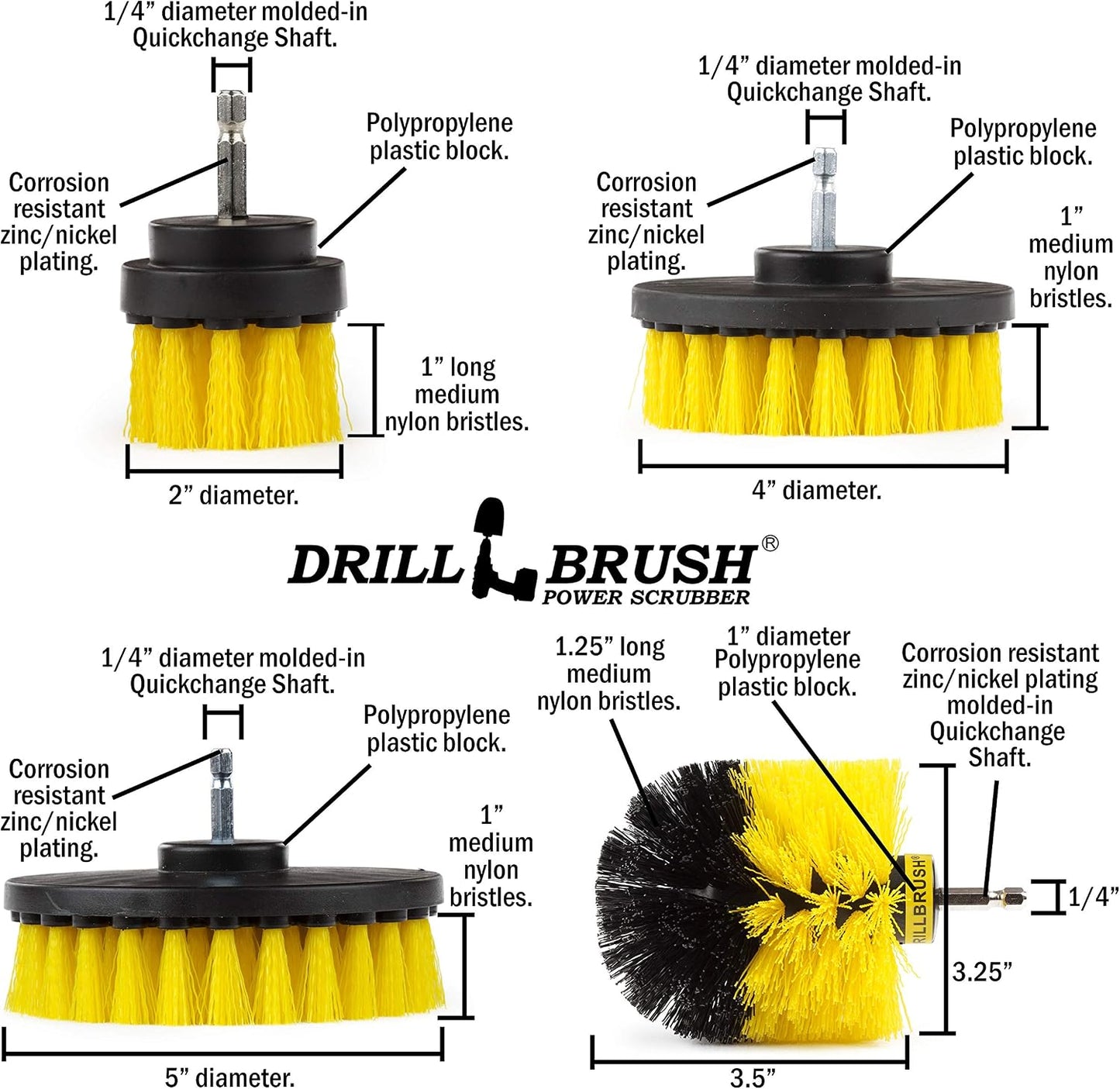 Drillbrush Electric Nylon Drill Brush Attachment Set for Bathroom Cleaning | Power Scrubber Brush Kit for Bathtub, Shower & Tile - Grout Cleaner Kit - All-Purpose Household Cleaning Brushes for Drill