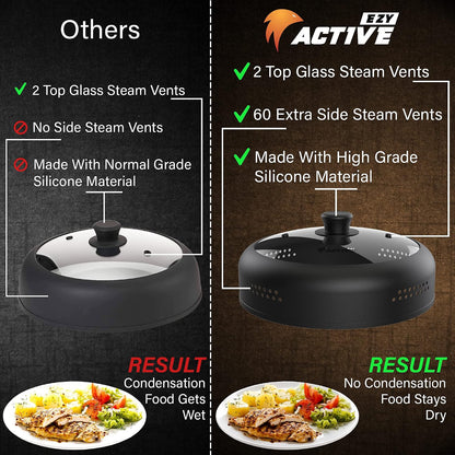 Microwave Cover for Food, Silicone and Glass Splatter Guard Lid for 6–7–8–9-10-11-12 inch Plates & Bowls. By EZY ACTIVE (Gray)