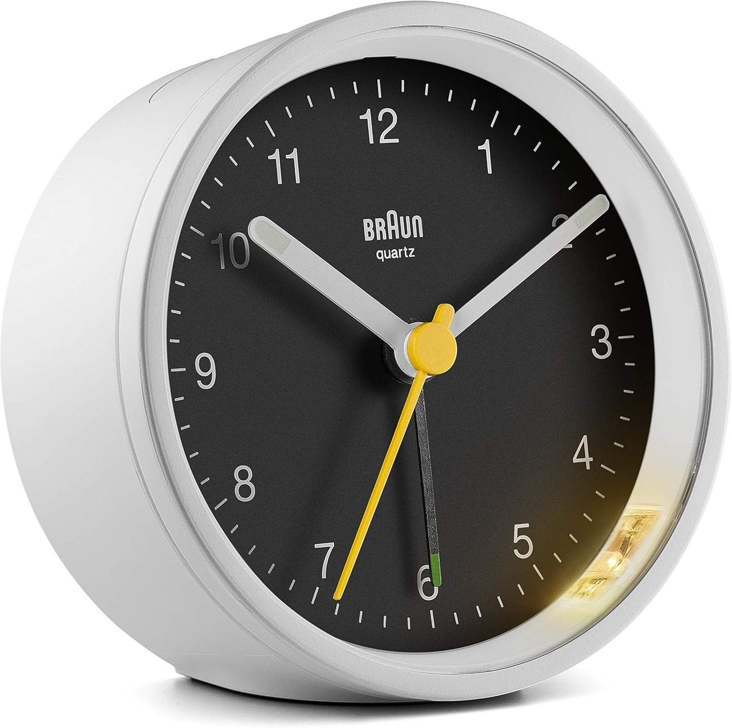 Braun Classic Analogue Alarm Clock with Snooze and Light, Quiet Quartz Movement, Crescendo Beep Alarm in White, Model BC12W.