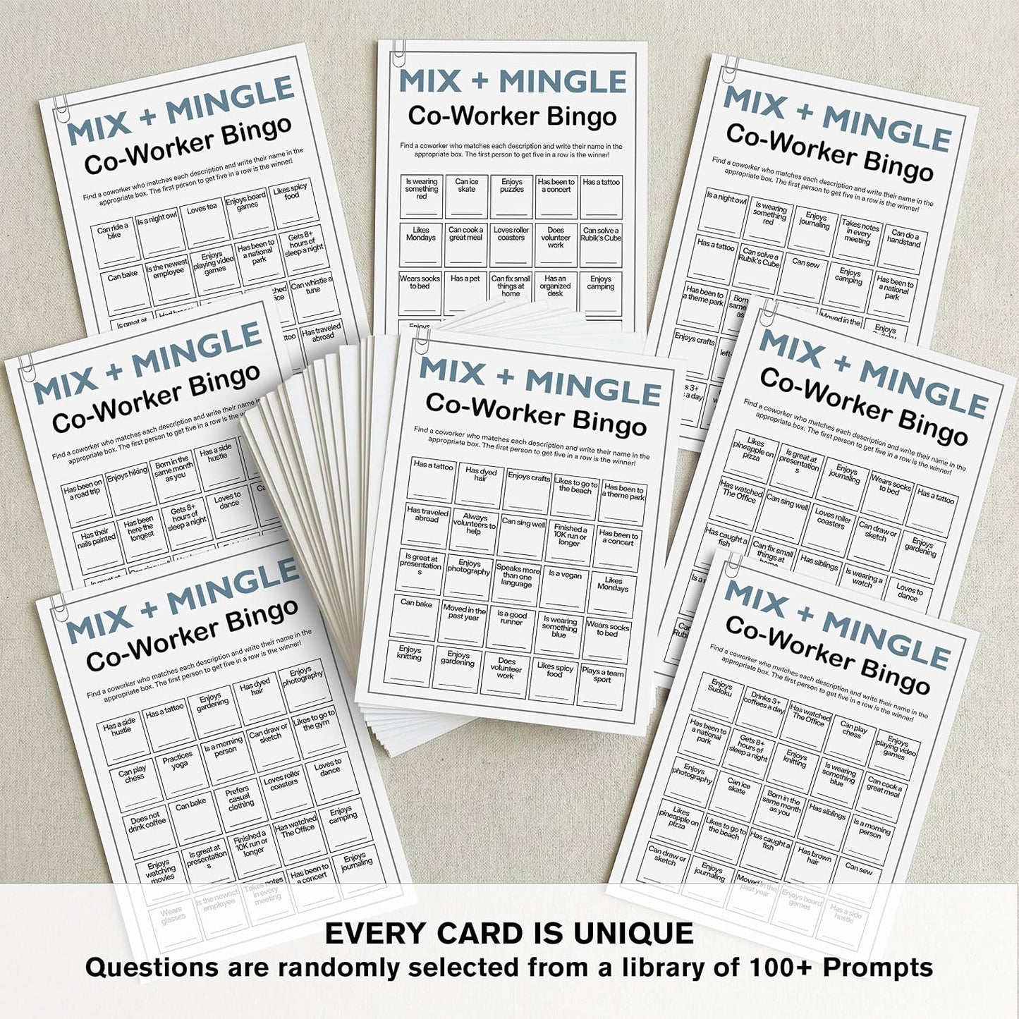 Find Someone Who Bingo Cards, 25 Unique Randomized 5x7 Sheets, Get to Know You Bingo Game for Adults, Ice Breaker Office Party Games, Team Building Games for Work, High Replay Value - A05