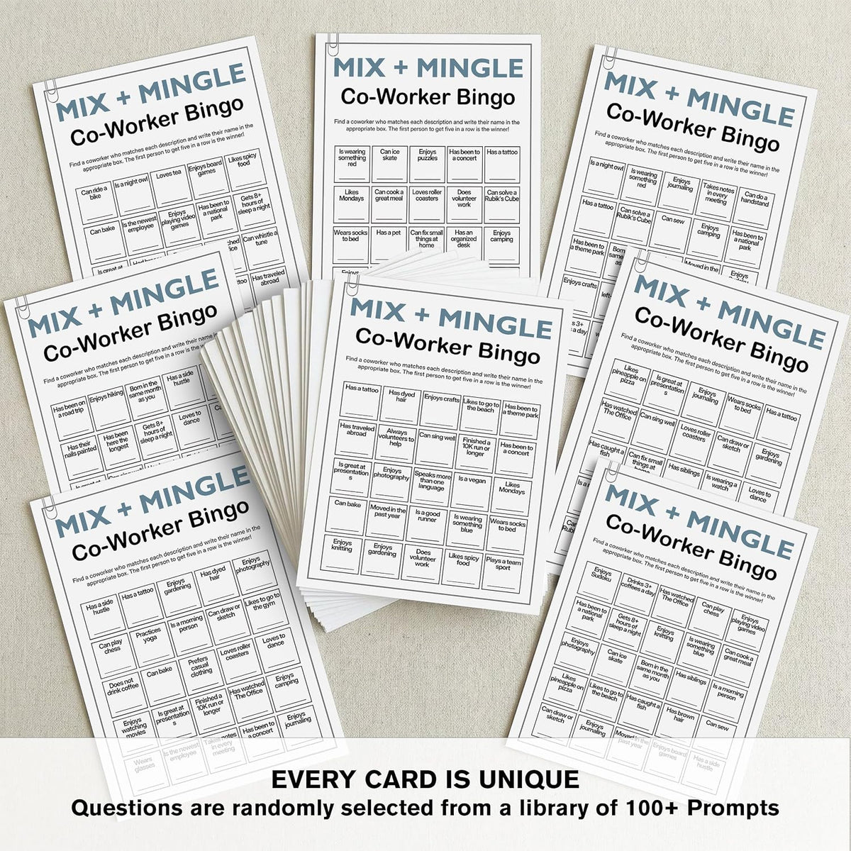 Find Someone Who Bingo Cards, 25 Unique Randomized 5x7 Sheets, Get to Know You Bingo Game for Adults, Ice Breaker Office Party Games, Team Building Games for Work, High Replay Value - A05