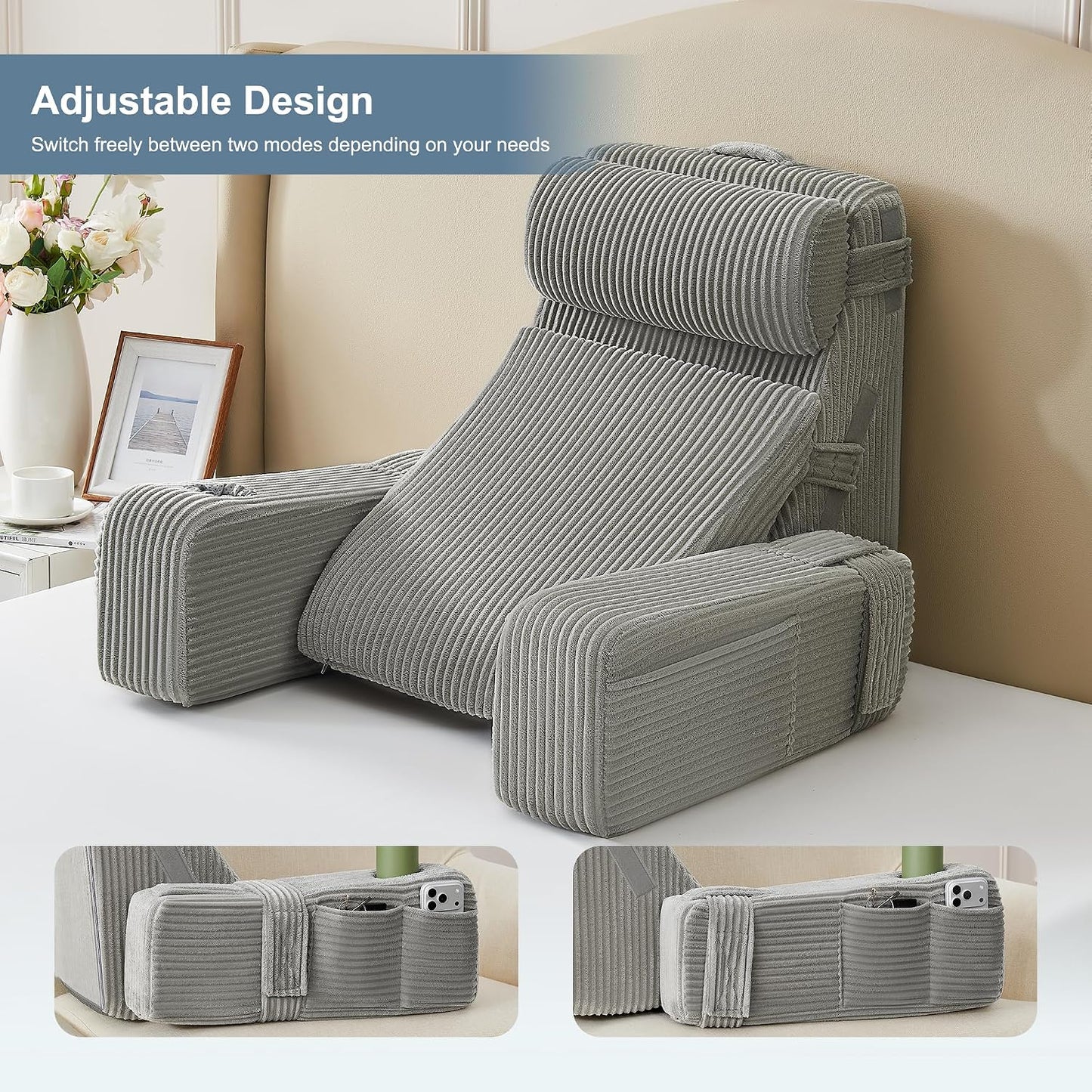 Reading Pillow for Bed with Adjustable Armrests and Side Pockets, Back Pillow for Bed Sitting Up, Sit Up Pillow, and Bed Pillows for Sitting Up, Ideal for Reading, Watching TV and Relaxing, Light Gray