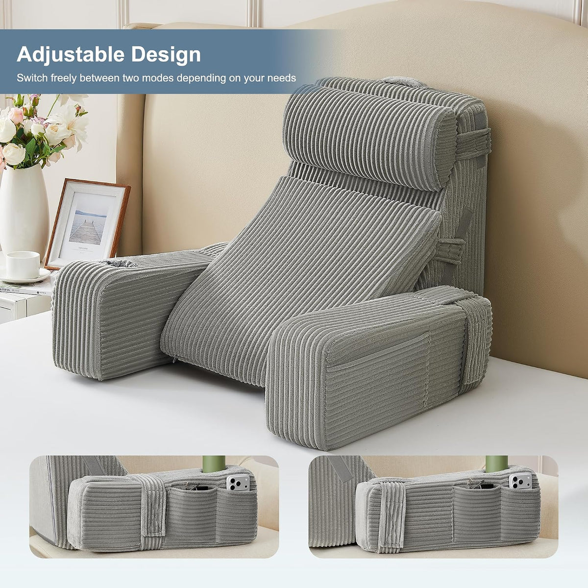Reading Pillow for Bed with Adjustable Armrests and Side Pockets, Back Pillow for Bed Sitting Up, Sit Up Pillow, and Bed Pillows for Sitting Up, Ideal for Reading, Watching TV and Relaxing, Light Gray